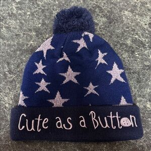 Coraline Hat Cute as a button Navy Star Pom-Pom Beanie Adult size